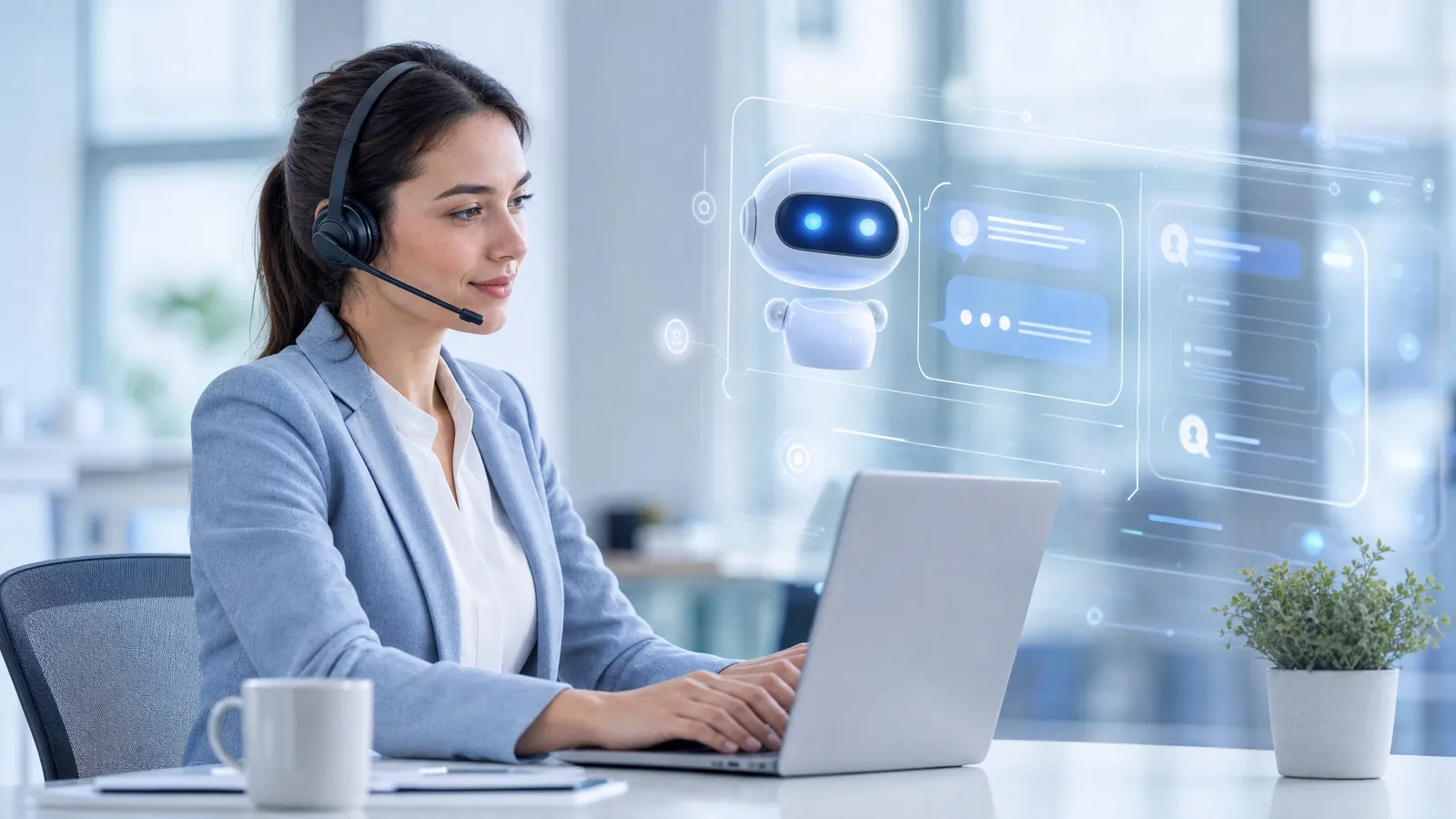 Customer-support agent working alongside an AI assistant and live chat
