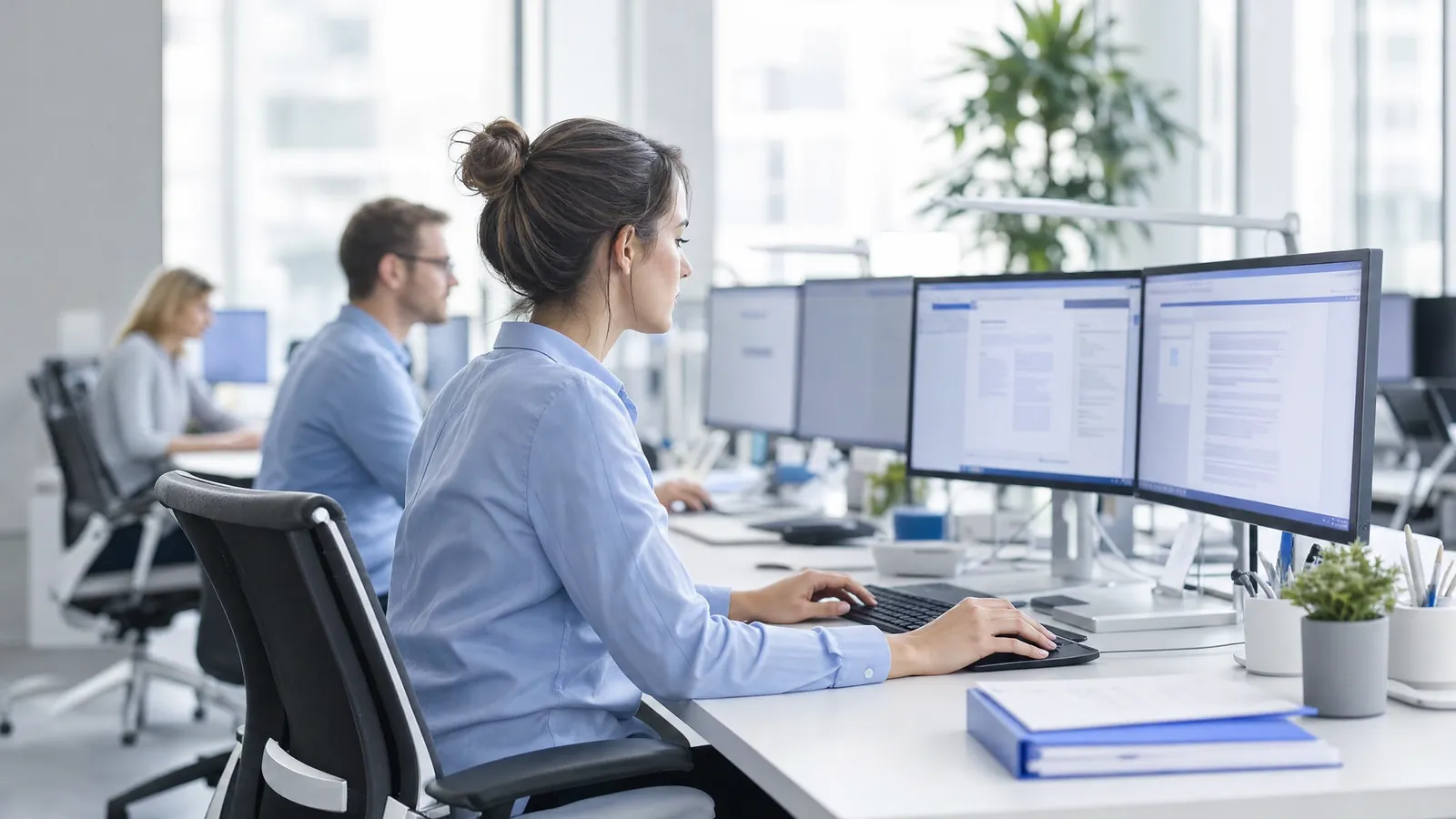 Back-office team processing documents and data across multiple monitors