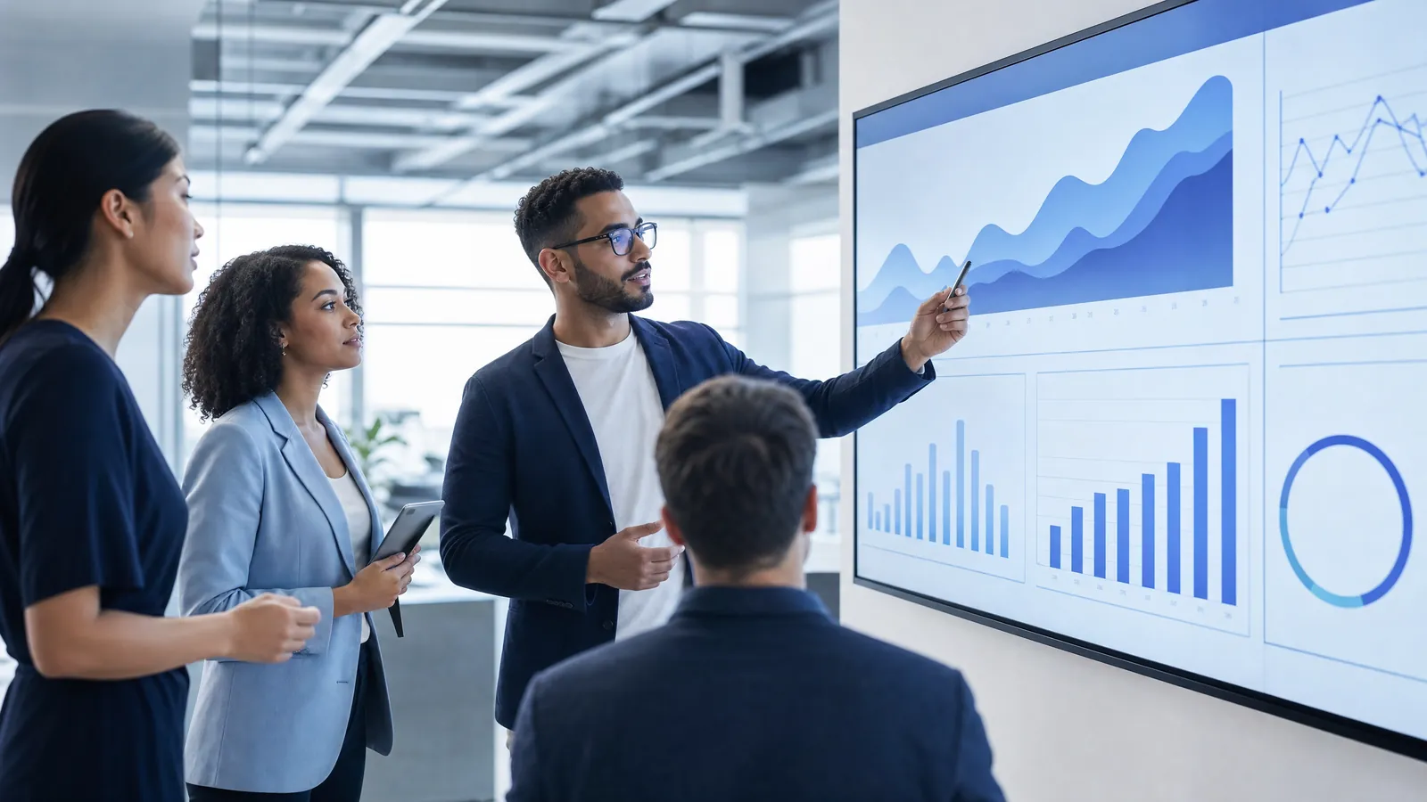 Business team reviewing growth analytics on a large office screen