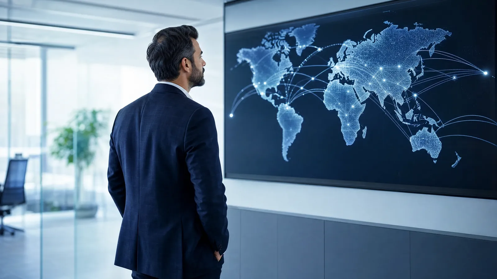 Professional reviewing a world map of global outsourcing locations