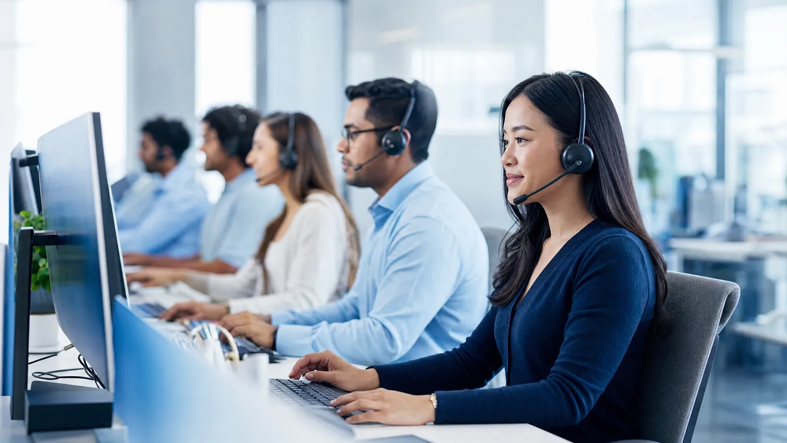 Multilingual BPO support team working at headset workstations
