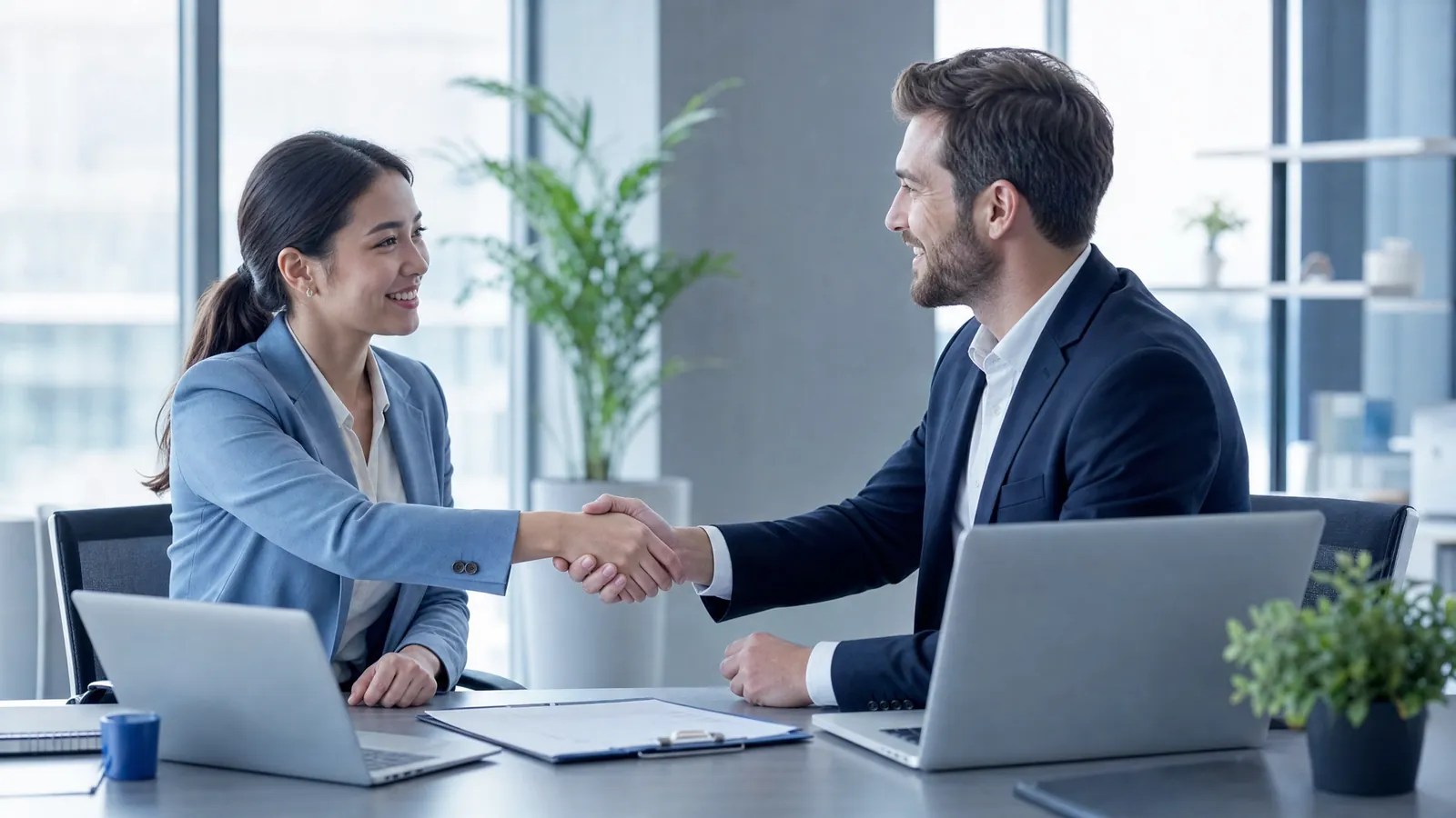 Two professionals shaking hands on a business outsourcing partnership